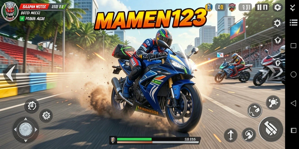 Gameplay seru di MAMEN123 saat balapan motor.