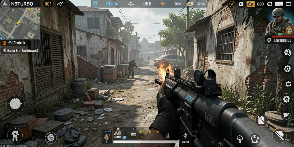 Gameplay seru dalam N9TURBO, aksi tembak-menembak yang menegangkan.