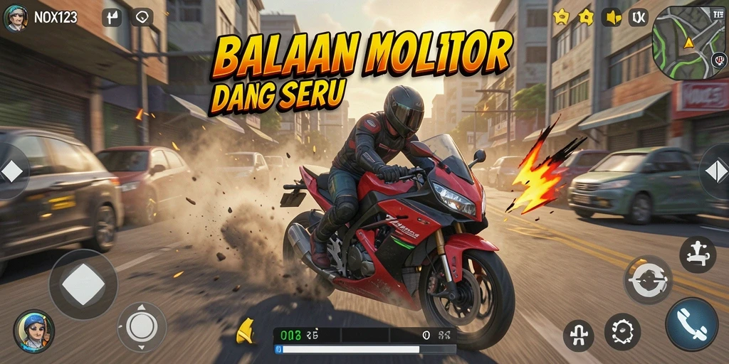 Tampilan gameplay seru dari NOX123 yang menampilkan balapan motor cepat.